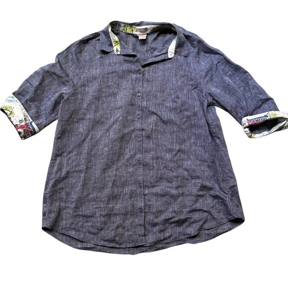 Chico's Linen Shirt No Iron Side Button Tunic Contrast Print Trim Blue 3 (XL) - Picture 1 of 9